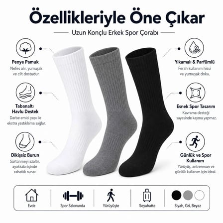 Erkek Spor Çorap 6'lı | Penye Pamuklu Havlu Tabanlı Uzun Konç, Dikişsiz Burun, Siyah Gri Beyaz