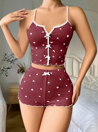 Pamuklu Kahverengi Üstüne Beyaz Kalp Desen Fitilli Askılı Şortlu Pijama Takımı