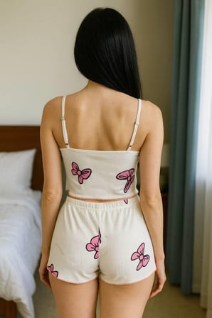 Beyaz Üstüne Kelebek Desenli Askılı Şortlu Pijama Takımı