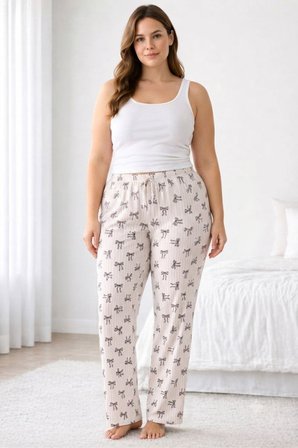 Viskon Pamuklu Kadın Büyük Beden Pudra Desenli Pijama Pantolon - MGB009 - Mudanis