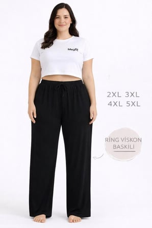 Viskon Pamuklu Kadın Büyük Beden Siyah Pijama Pantolon - MGB002 - Mudanis