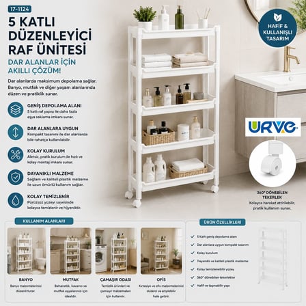 5 Katlı Tekerlekli Sepet Organizer Raf Ünitesi 465x145x850 mm