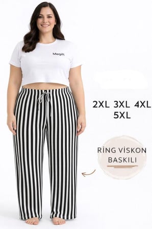 Viskon Pamuklu Kadın Büyük Beden Siyah Çizgili Pijama Pantolon - MGB001 - Mudanis
