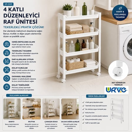 4 Katlı Tekerlekli Sepet Organizer Raf 465x145x670mm