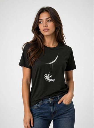Kadın Astronot Ay Temalı Tişört Kısa Kol Yazlık Bisiklet Yaka T-Shirt - Siyah