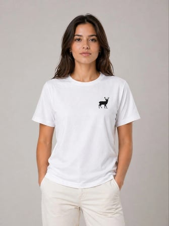 Kadın Minimal Geyik Logolu Tişört Bisiklet Yaka Kısa kol Yazlık T-Shirt - Beyaz