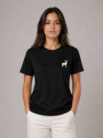 Kadın Minimal Geyik Logolu Tişört Bisiklet Yaka Kısa kol Yazlık T-Shirt - Siyah