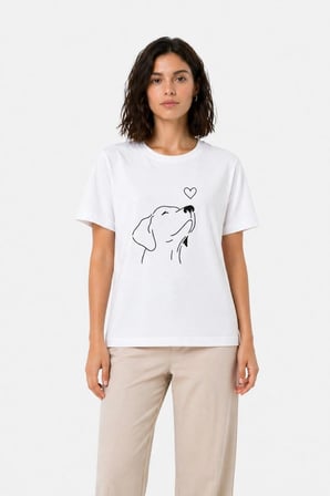 Kadın Köpek Figürlü Minimal Baskılı Tişört Kısa Kol Yazlık T-Shirt - Beyaz