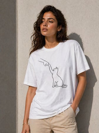 Kadın Minimal Kedi Çizim Baskılı Tişört Kısa Kol Yazlık T-Shirt - Beyaz