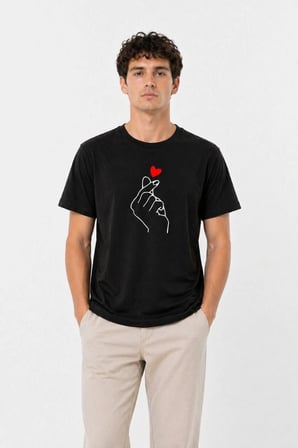Erkek Kore Parmak Kalp Aşk Temalı Minimal Baskılı Tişört Yazlık Kısa Kol T-Shirt - Siyah