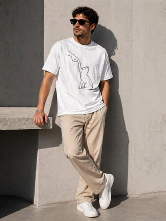 Erkek Minimal Kedi Çizim Baskılı Tişört Kısa Kol Yazlık T-Shirt - Beyaz