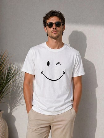 Erkek Minimal Gülümseyen Yüz Baskılı Tişört Kısa Kol Yazlık T-Shirt - Beyaz