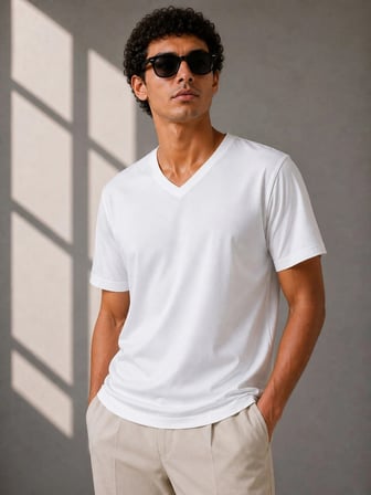 Erkek V Yaka Basic Tişört Kısa Kol Yazlık Regular Fit T-Shirt - Beyaz