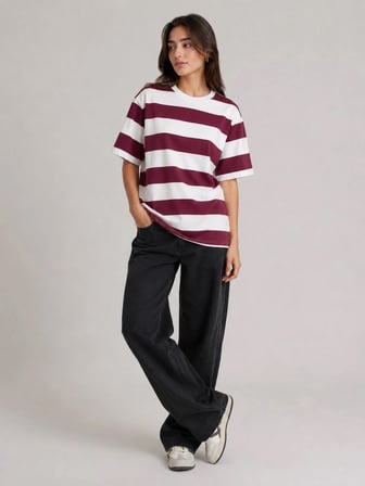 Kadın Çizgili Oversize Tişört Bisiklet Yaka Kısa Kol Yazlık T-Shirt - Bordo