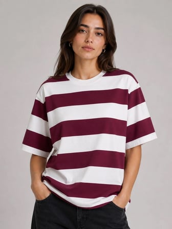 Kadın Çizgili Oversize Tişört Bisiklet Yaka Kısa Kol Yazlık T-Shirt - Bordo