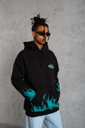 Üç İplik İçi Pamuklu Alev Baskılı Kapüşonlu Sweatshirt - Siyah