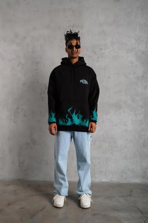 Üç İplik İçi Pamuklu Alev Baskılı Kapüşonlu Sweatshirt - Siyah