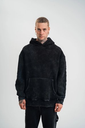 Uzun Kol Kapşonlu Yıkamalı Nakışlı SweatShirt - Siyah