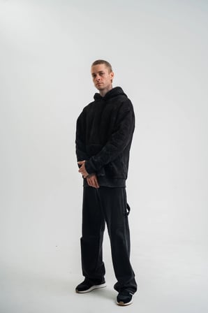 Uzun Kol Kapşonlu Yıkamalı Nakışlı SweatShirt - Siyah