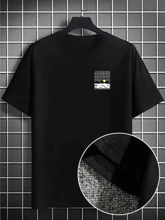 Dağ Grafikli Tişört, Yaz için Büyük Beden Rahat T-shirt - Siyah