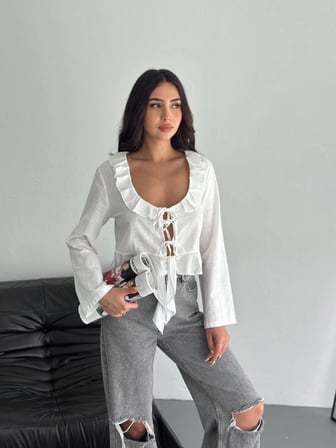 Keten Uzun Kol Bağacık Detaylı Bluz - Beyaz