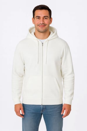 Üç İplik Kapüşonlu Tam Fermuarlı Kanguru Cepli SweatShirt Hoodie - Beyaz
