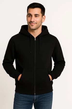 Üç İplik Kapüşonlu Tam Fermuarlı Kanguru Çepli SweatShirt Hoodie - Siyah