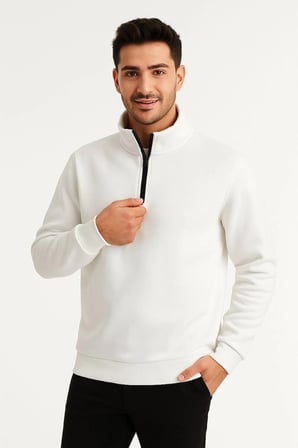 Dik Yaka Sweatshirt Dik Yaka Yarım Fermuarlı 3 İplik Şardonlu Pamuk Kumaş - Beyaz