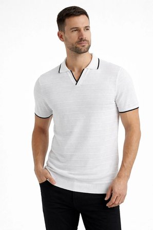 Erkek Yazlık Dokuma Triko Tişört Düğmesiz Polo Yaka Kısa Kol T-Shirt - Beyaz