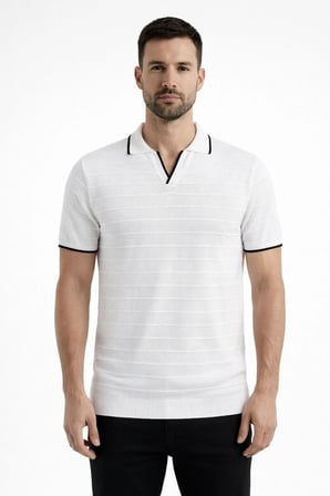 Erkek Yazlık Dokuma Triko Tişört Düğmesiz Polo Yaka Kısa Kol T-Shirt - Beyaz