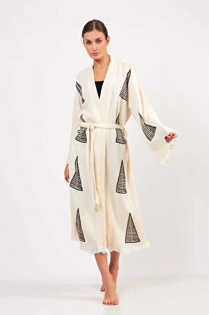 Müslin Kimono %100 Pamuklu Piramit Desenli Bornoz Kaftan Sabahlık