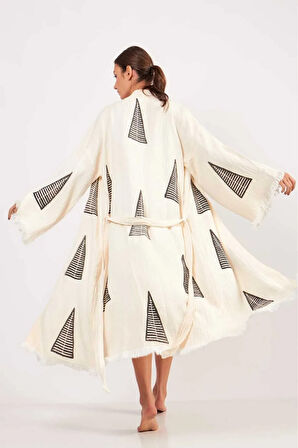 Müslin Kimono %100 Pamuklu Piramit Desenli Bornoz Kaftan Sabahlık