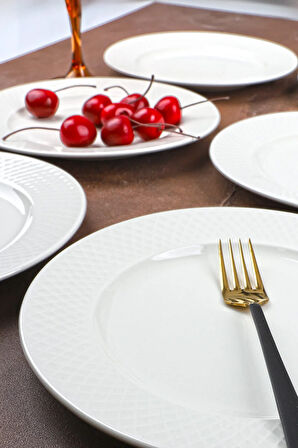 Porselen 6'lı Oslo Beyaz Kabartma Detaylı Pasta Tabağı 20 Cm