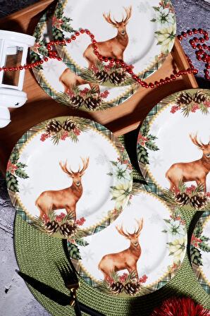Yılbaşı Desen Özel Tasarım 6'lı Deer Rose Dijital Baskı Pasta Tabağı 20 Cm