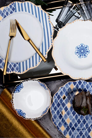 Bade 24 Parça 6 Kişilik Yaldızlı Dekorlu Bone China Yemek Takımı