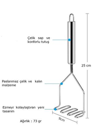 Pratik 24 Cm Çelik Pastanlamz Patates Ezici Püre Yapıcı