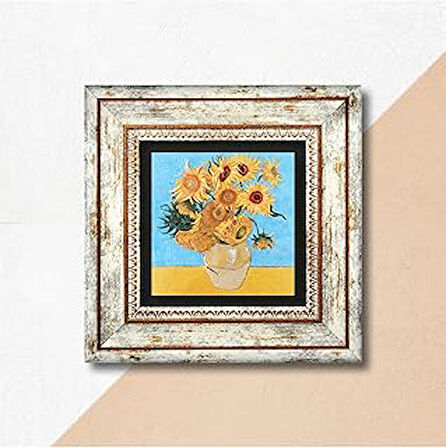 Pinecone Van Gogh On İki Ayçiçekli Vazo Taş Duvar Tablosu Çerçeveli Duvar Dekoru Wall Art T1-276