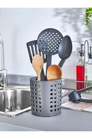 Plastik Delikli Dik Kaşıklık & Tezgah Üstü Düzenleyici & Servis Standı Gri
