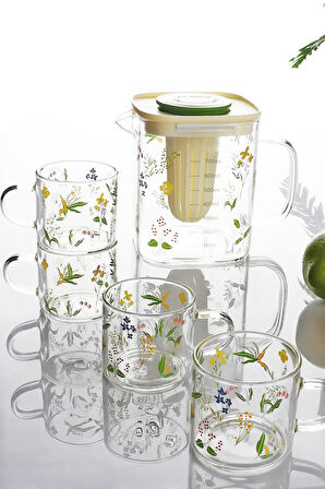 Çiçek Desenli 5 Parça Bitki Çayı Demleme Seti 700 Ml