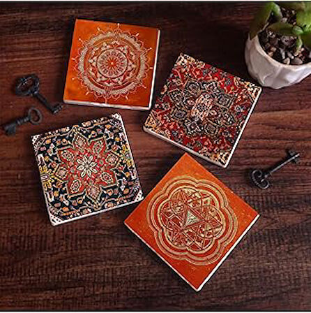 Pinecone Desen, Sri Yantra, Mandala Taş Bardak Altlığı Masaüstü Koruyucu Altlık 4 Parça Set 10x10cm SC307