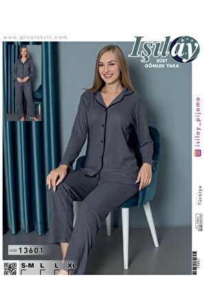 Süet Gömlek Yaka Pijama Takım