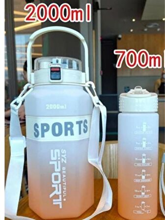 BEYAZ-TURUNCU 2'li SET Sport Motivasyonel Su Matarası Su Şişesi 2 Lt + 700 Ml Tritan - ALTIGEN