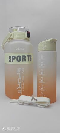 BEYAZ-TURUNCU 2'li SET Sport Motivasyonel Su Matarası Su Şişesi 2 Lt + 700 Ml Tritan - ALTIGEN