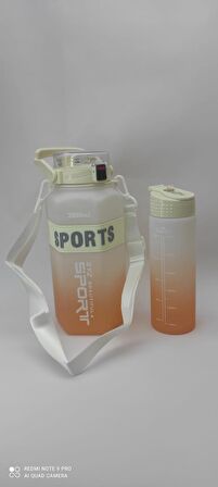 BEYAZ-TURUNCU 2'li SET Sport Motivasyonel Su Matarası Su Şişesi 2 Lt + 700 Ml Tritan - ALTIGEN