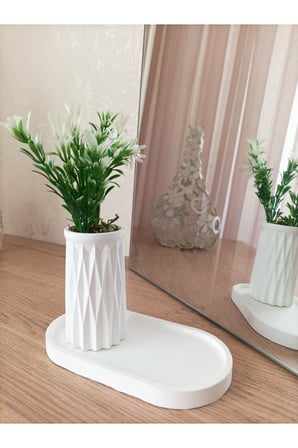 MİNİ DESENLİ BETON SAKSI TEKLİ VE OVAL TABAK - YAPAY ÇİÇEK HEDİYELİ