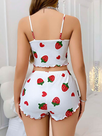 Kadın Beyaz Çilek desenli Şortlu Pijama Takımı 5053
