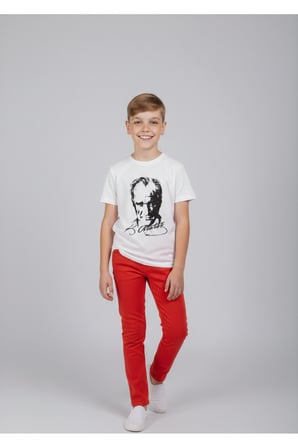Erkek Çocuk ATATÜRK Baskılı T-Shirt Ve Kırmızı Keten Pantolon Takım 23Nisan Ve özel Günler