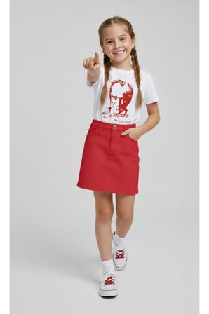 Kız Çocuk ATATÜRK Baskılı T-Shirt Ve Keten Etek Takım 23 NİSAN-Özel Bayramlar