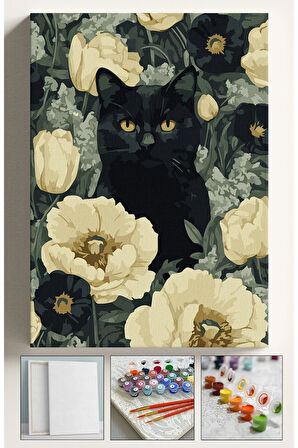 Sayılarla Boyama Tuval Seti Fırça Boya Dahil (Çıtalı) 40x50 CM - BEYAZ ÇİÇEKLER SİYAH KEDİ