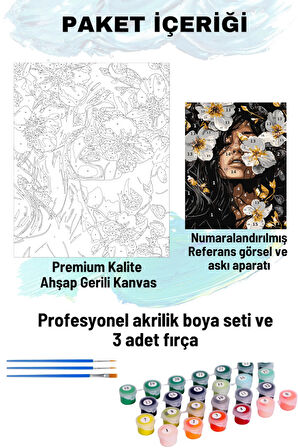 Sayılarla Boyama Seti Numaralı Tuval Fırça Boya 40x50 Cm - BEYAZ ÇİÇEK SİYAH KADIN